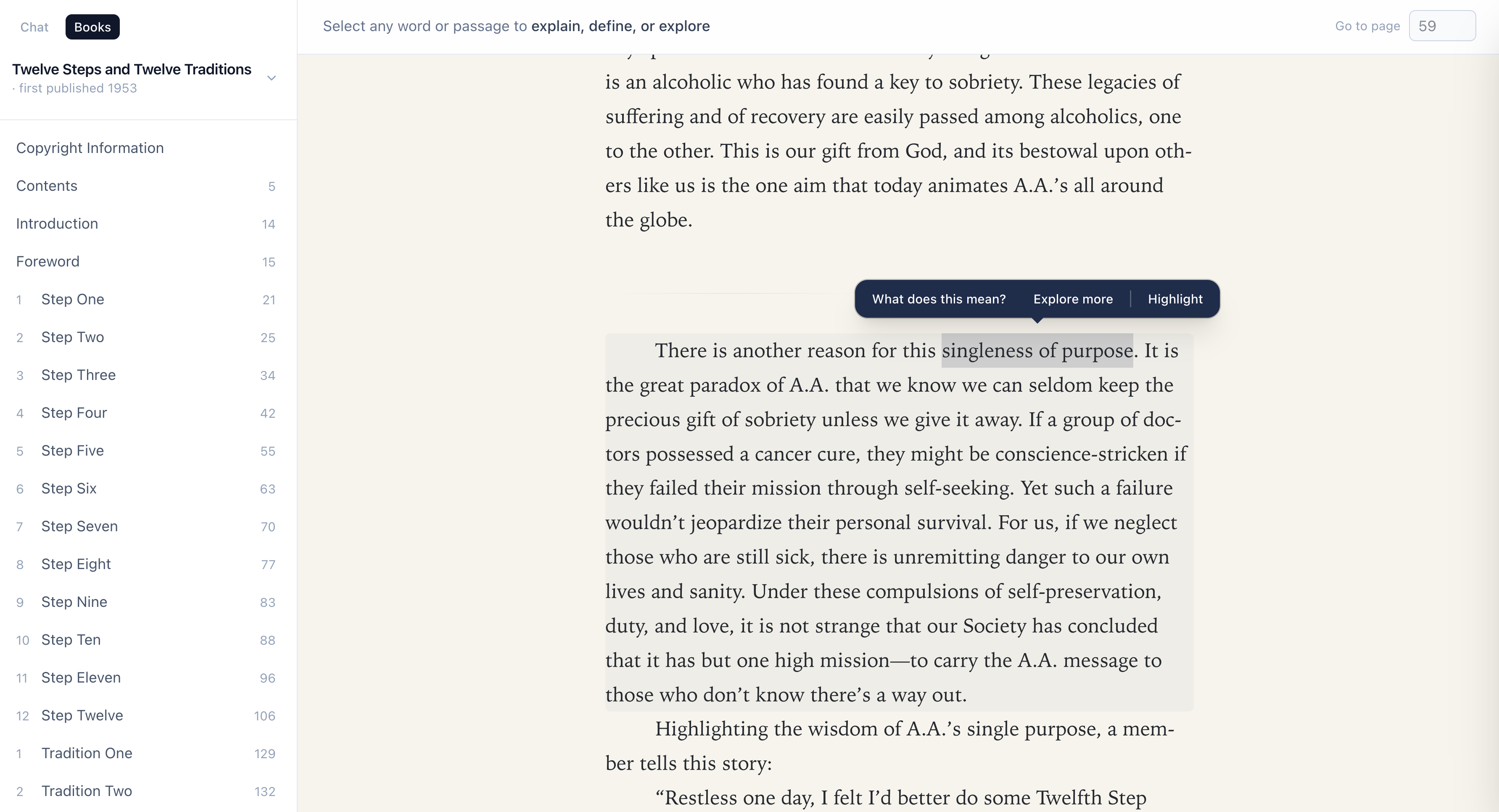 Page-faithful reader with a passage highlighted and a tooltip offering to explain, define, or explore it